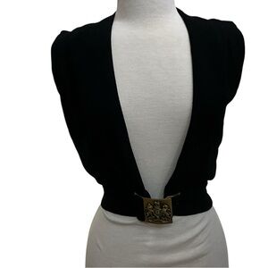 Vintage Black Statement Buckle Vest Heraldic Crest Waistcoat Minimalist Chic
